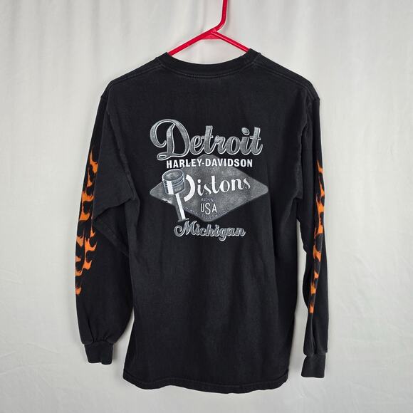 VTG Harley Davidson Detroit Pistons Wanted Tee Men's M Black Graphic Skull Flame - Picture 2 of 16